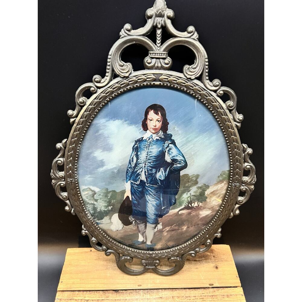 Blue Boy Gainsborough Baroque Ornate Oval Brass Frame Convex Glass Italy